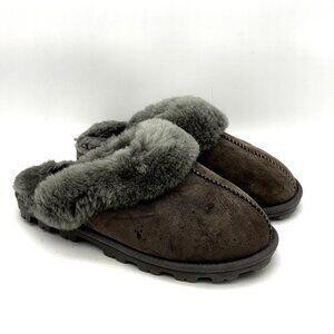 Gray Suede Faux Fur Lined Slippers Womens Size 9 Cushioned Slip On Casual Comfy
